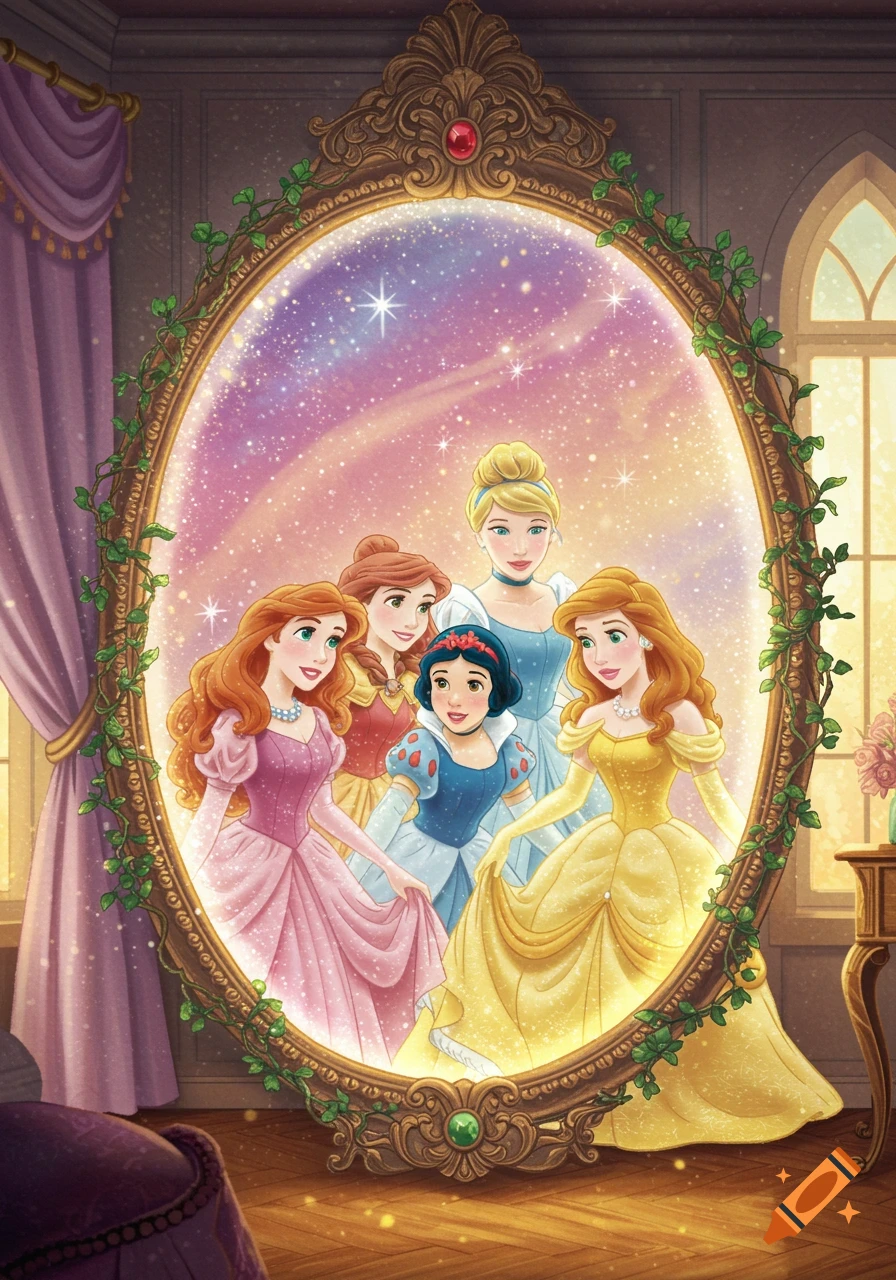 Five cartoon princesses, including Snow White, Cinderella, and Belle, reflected in a magical ornate golden mirror.