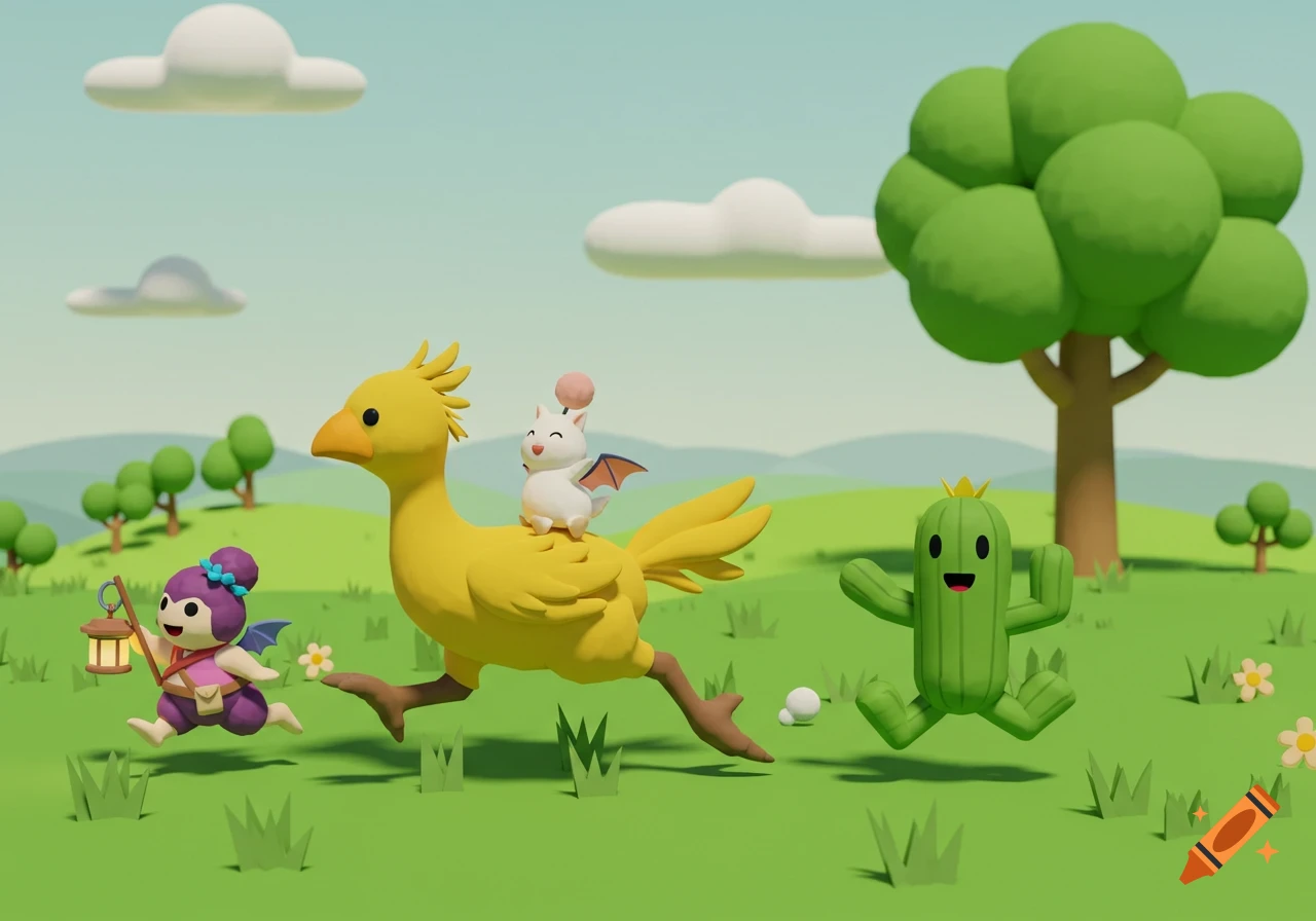 Chocobo with a Moogle on its back, a Cactuar, and a Tonberry-like character running across a green field in a simple color block art style.