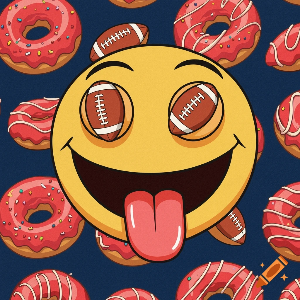 Cartoon happy emoji face with footballs as eyes and tongue sticking out, surrounded by red donuts on a navy background.
