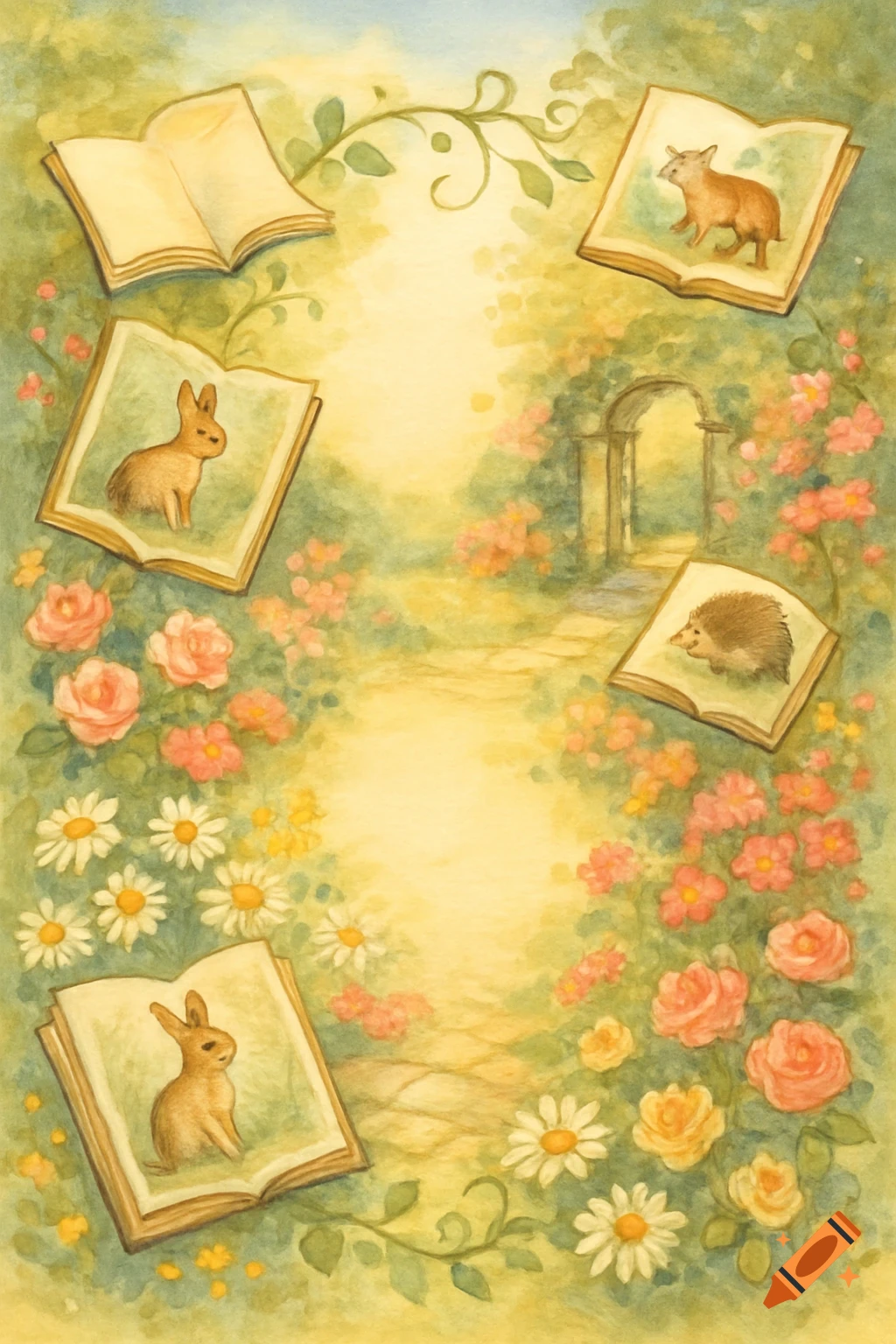 Watercolor illustration of an English garden with open books featuring woodland animal pictures, surrounded by roses and daisies.