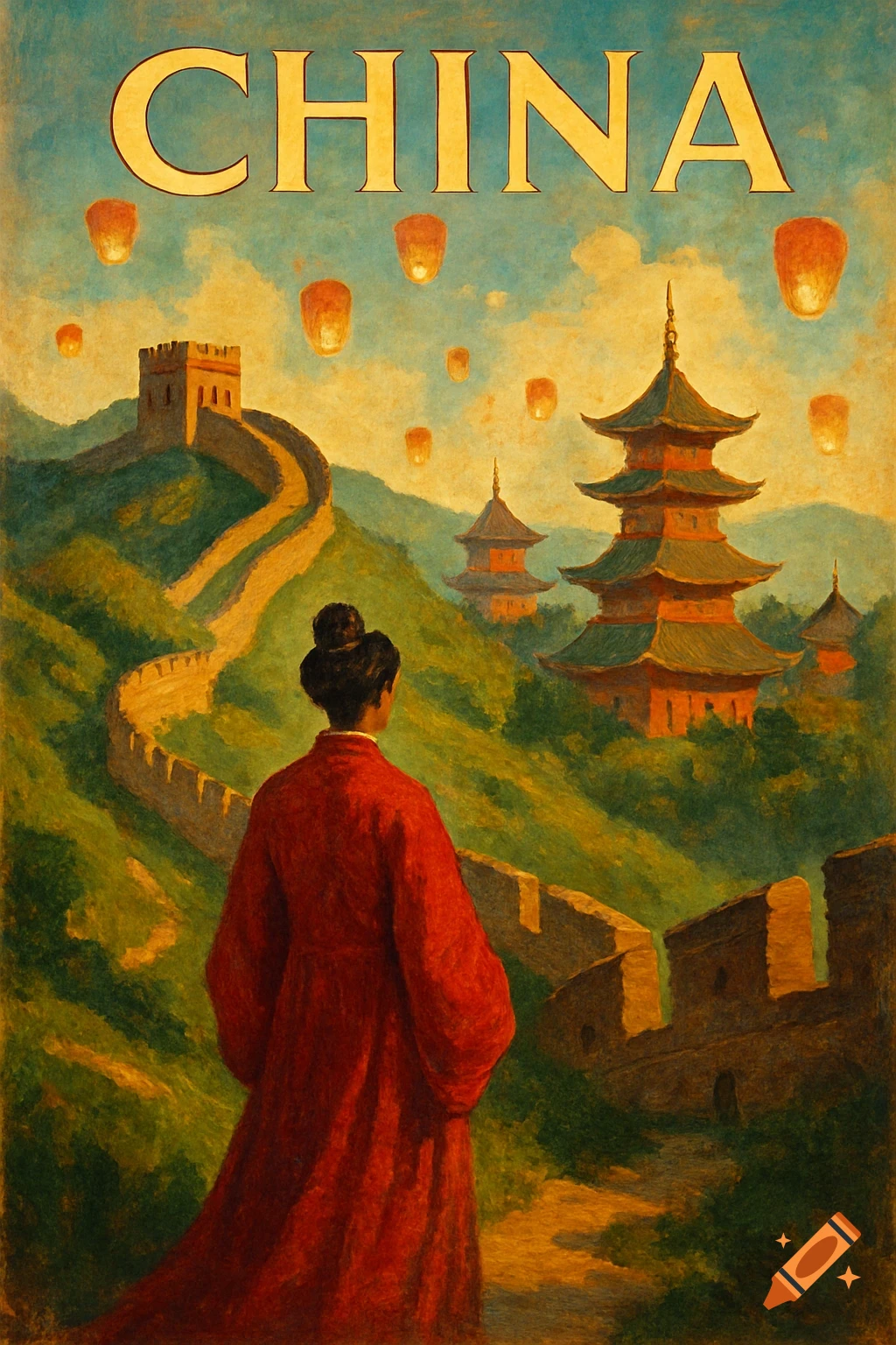 Vintage travel poster for China, with a person looking at the Great Wall, pagodas, and sky lanterns.