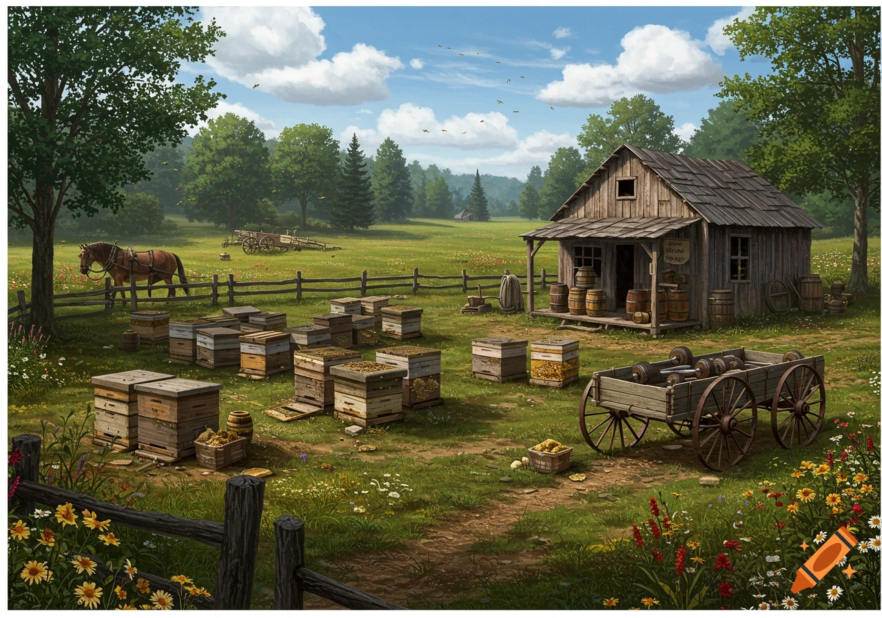 A detailed illustration of a rustic bee farm with beehives, a wooden shack, a horse, and a wagon in a sunny green meadow.