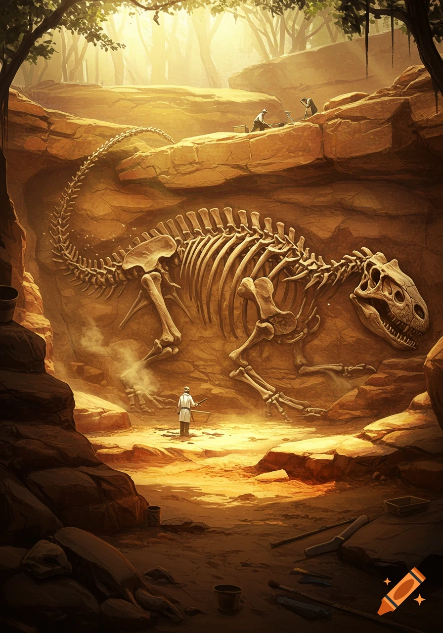 A large dinosaur skeleton fossil being excavated by paleontologists in a sunlit underground cavern.