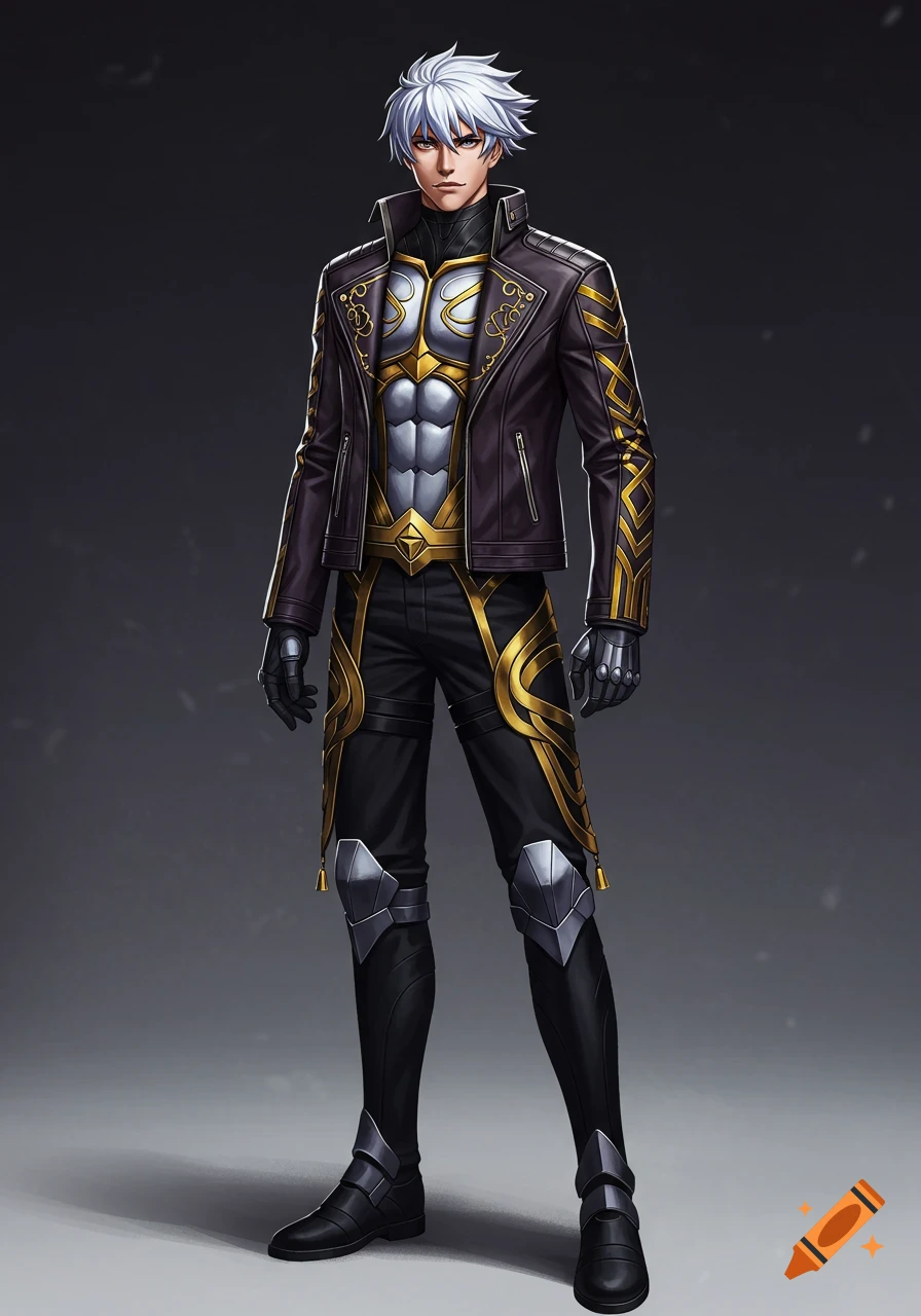 A full-body anime illustration of a man with white hair wearing a black leather jacket with golden patterns, black pants, and silver armor pieces.
