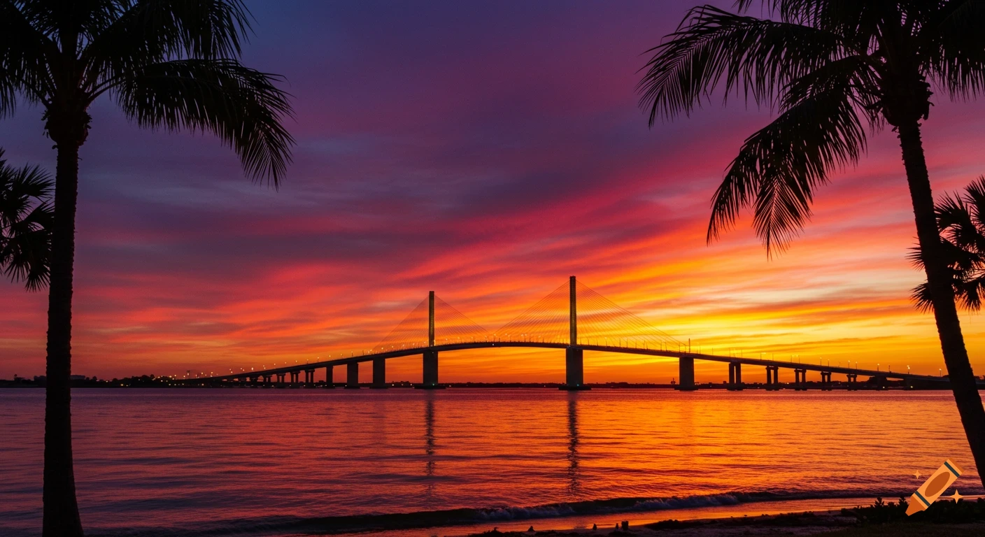 Silhouetted cable-stayed bridge and palm trees at sunset over calm water with a vibrant red, orange, and purple sky.