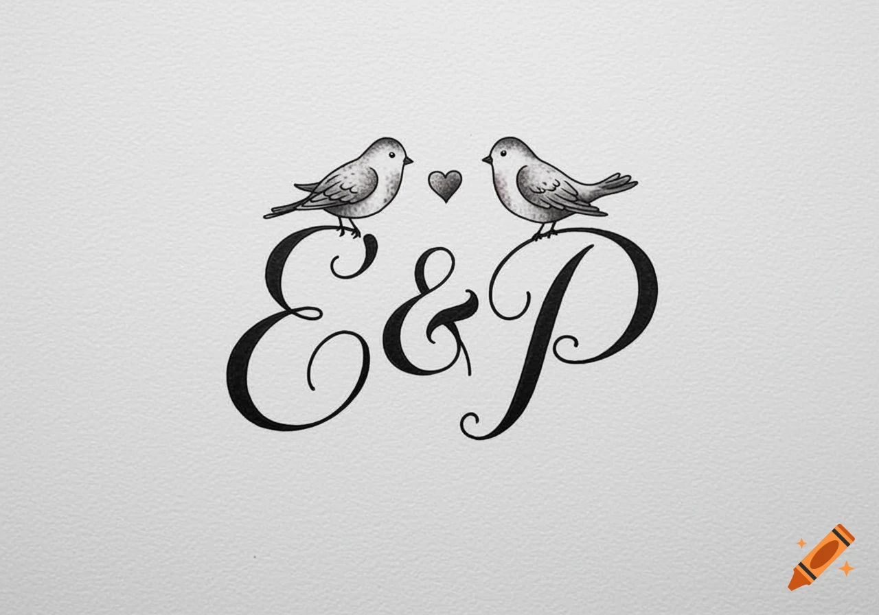 Black and white illustration of two birds perched on the elegant cursive initials 'E & P' with a heart between them, on a textured white background.