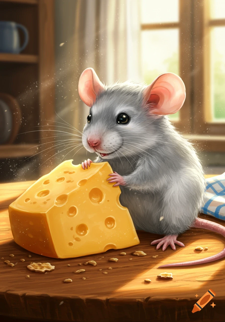 A cute grey mouse stands on a wooden table, holding and nibbling a large piece of Swiss cheese. Crumbs are scattered around it.