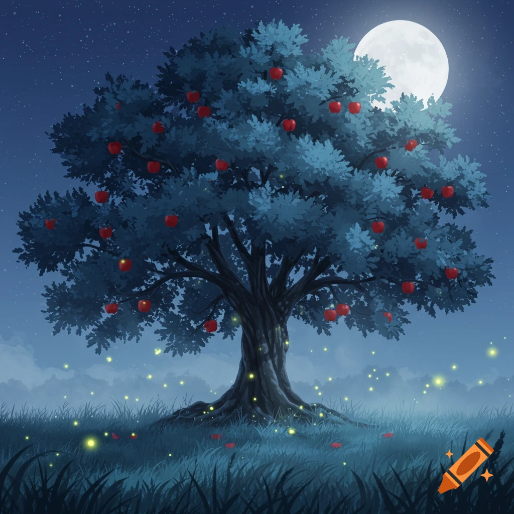 An apple tree with red apples under a large full moon at night, surrounded by glowing fireflies in the grass.