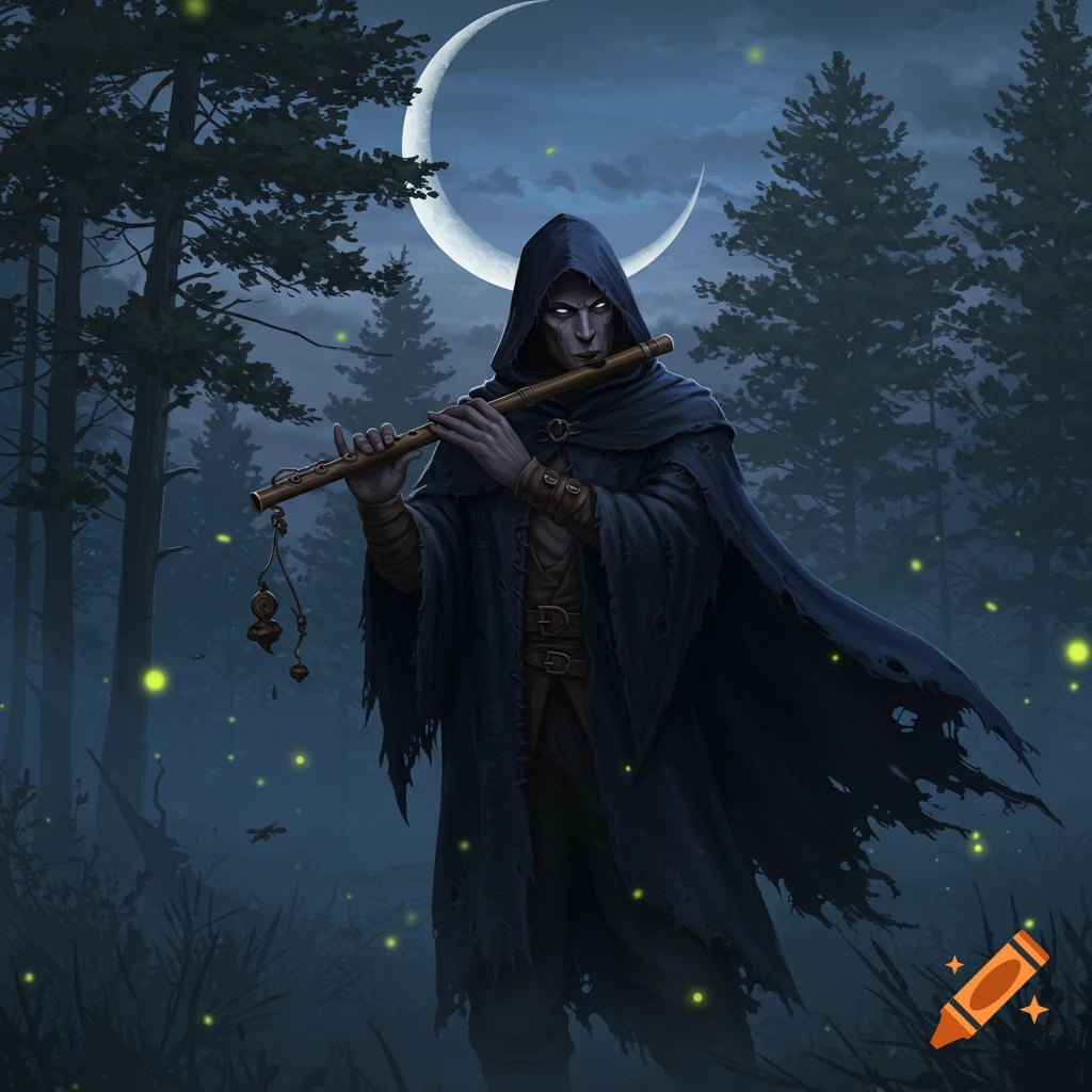 A cloaked figure with glowing eyes plays a flute in a dark, moonlit forest with fireflies.