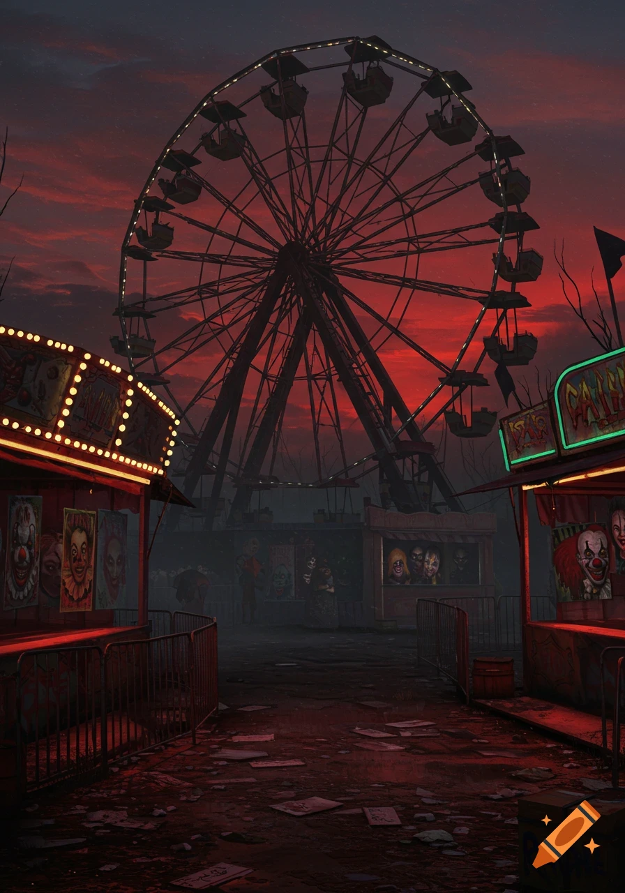 An eerie, dark carnival at dusk, with a silhouetted Ferris wheel against a dramatic red sky and creepy clown-faced stalls.