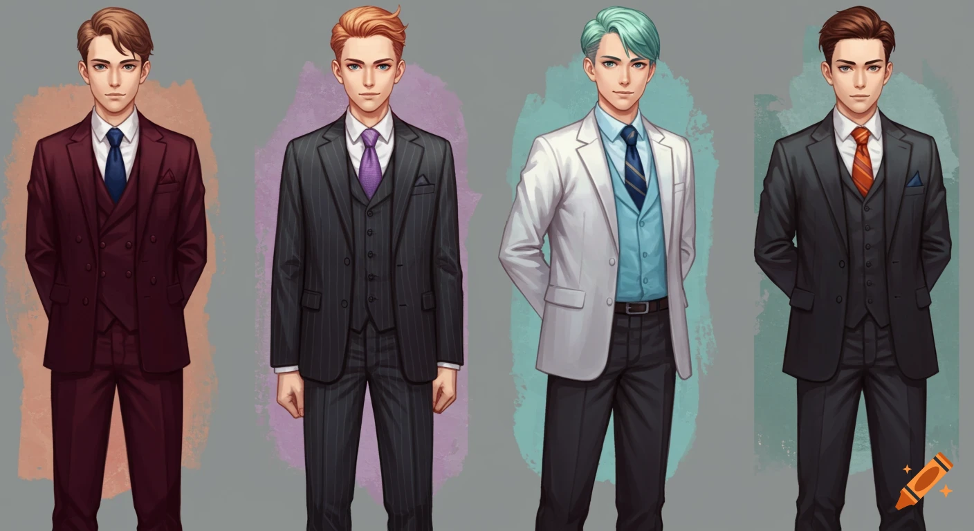 Four male anime characters in formal suits standing in a row against a gray background with colored washes.
