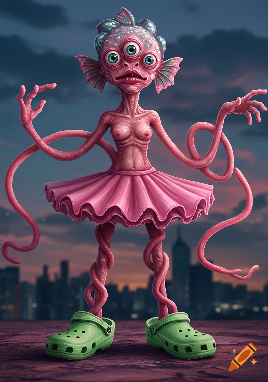 A grotesque, pink, fish-headed creature with three eyes and spaghetti-like limbs, wearing a pink tutu and green Crocs, standing in front of a city skyline at dusk.