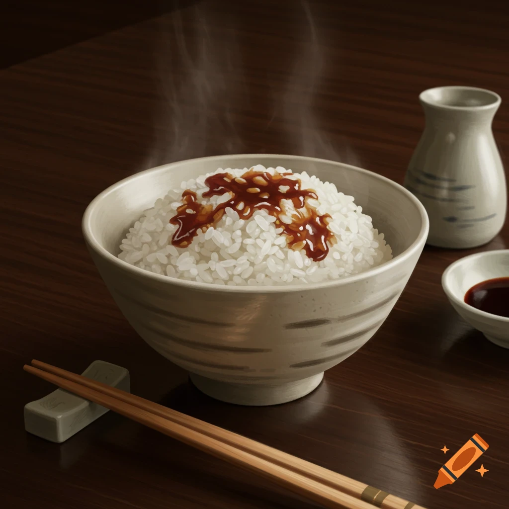 A bowl of steaming white rice with brown sauce on a wooden table, with chopsticks and a sake bottle nearby. Digital painting.
