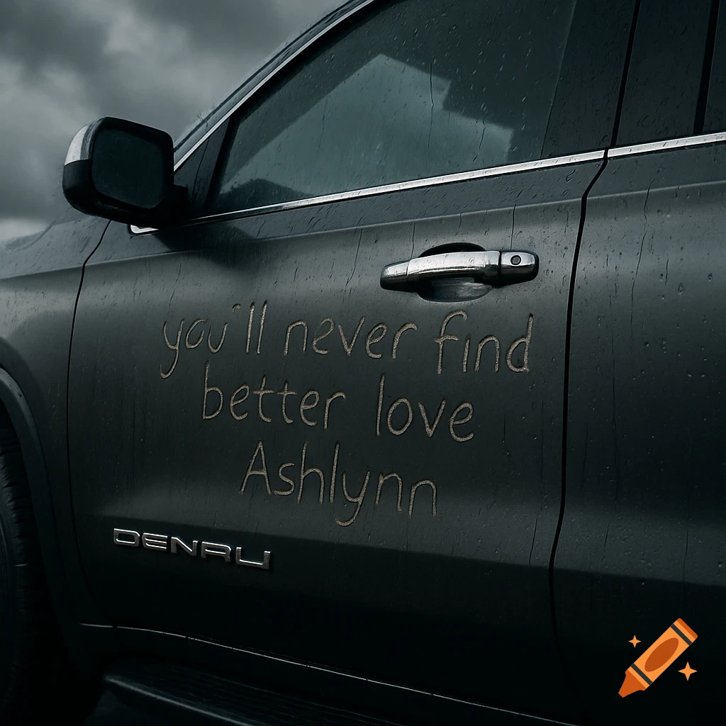 A dark grey GMC Denali car door covered in rain droplets, with the words 'you'll never find better love Ashlynn' scratched into it.