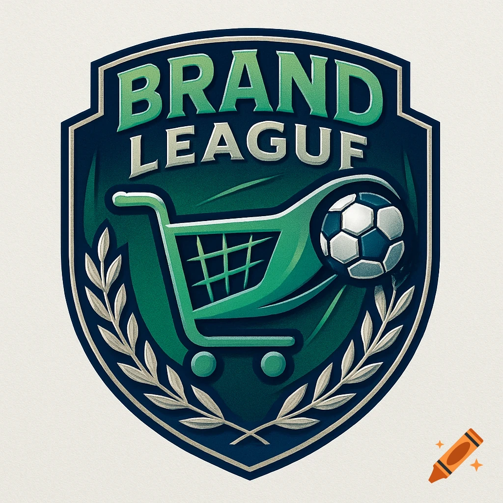 A stylized shield-shaped logo featuring the text 'BRAND LEAGUF' above a green shopping cart, a soccer ball, and olive branches.