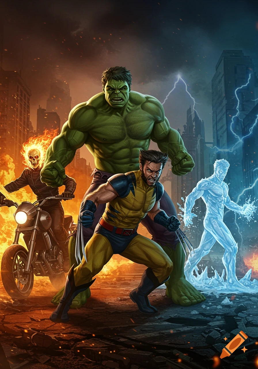 Dynamic comic art of Marvel superheroes Hulk, Wolverine, Ghost Rider on motorcycle, and Iceman amidst fiery explosions and lightning in a city.