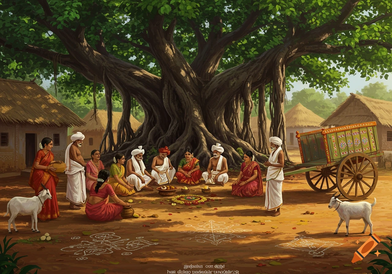 A vibrant painting of an Indian village scene with villagers gathered under a large banyan tree, surrounded by traditional huts and a bullock cart.