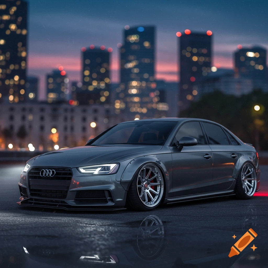 A modified gray Audi A4 car parked on a wet street at night with city skyscrapers in the blurred background, photorealistic.
