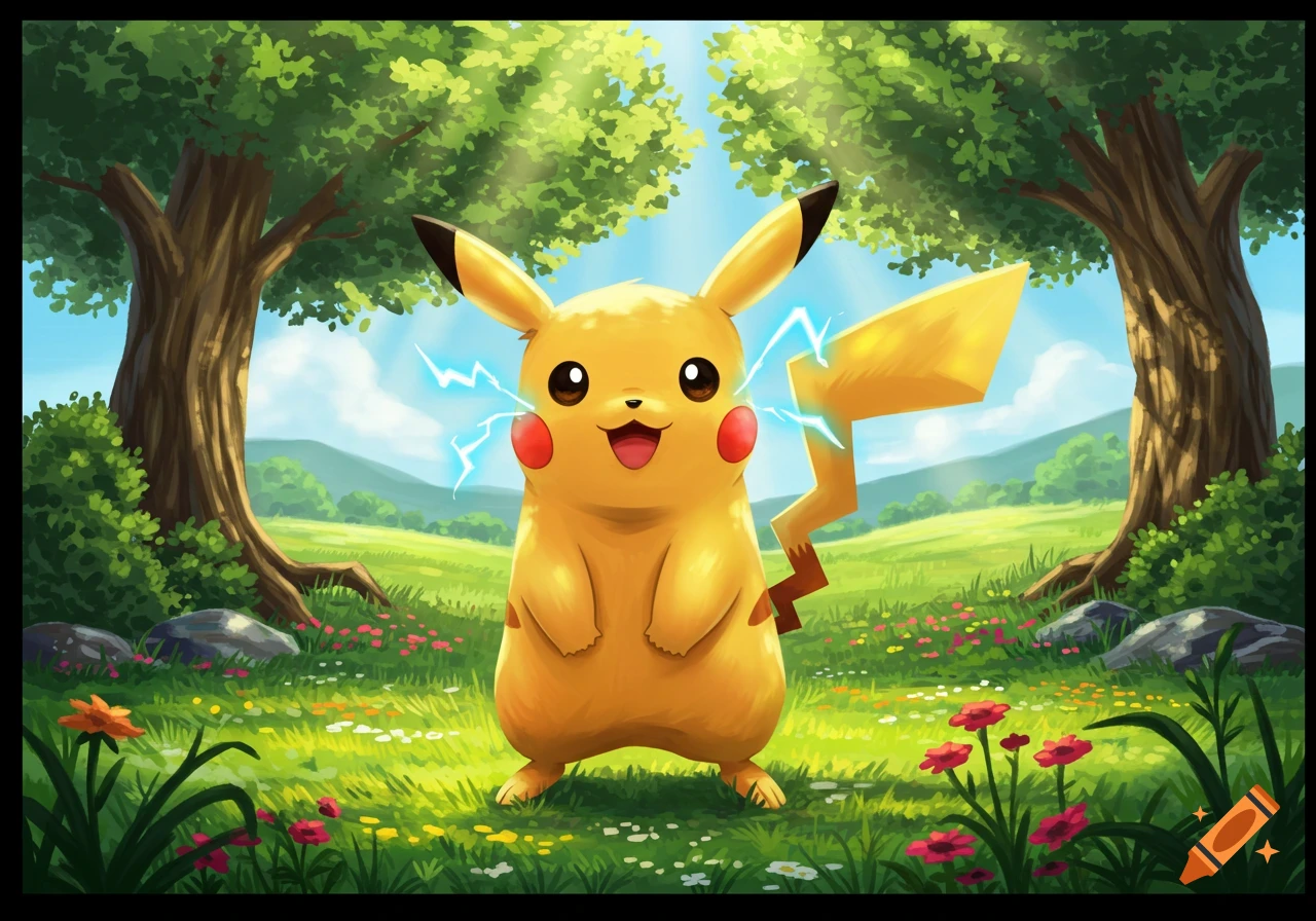 Pikachu smiling with electricity sparks in a vibrant green forest