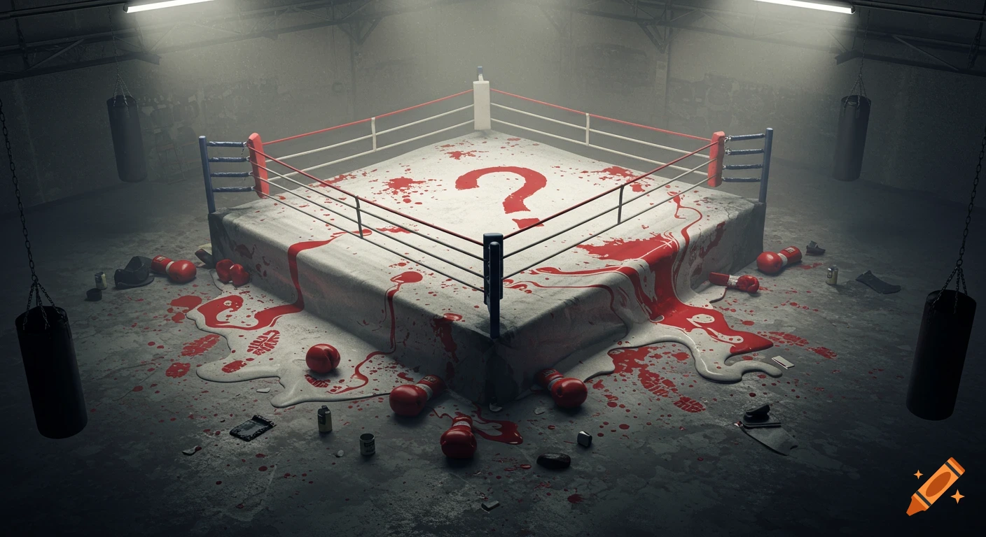 A surreal, bloody boxing ring with a large question mark on the canvas, melting and dripping red liquid onto the floor strewn with boxing gear.