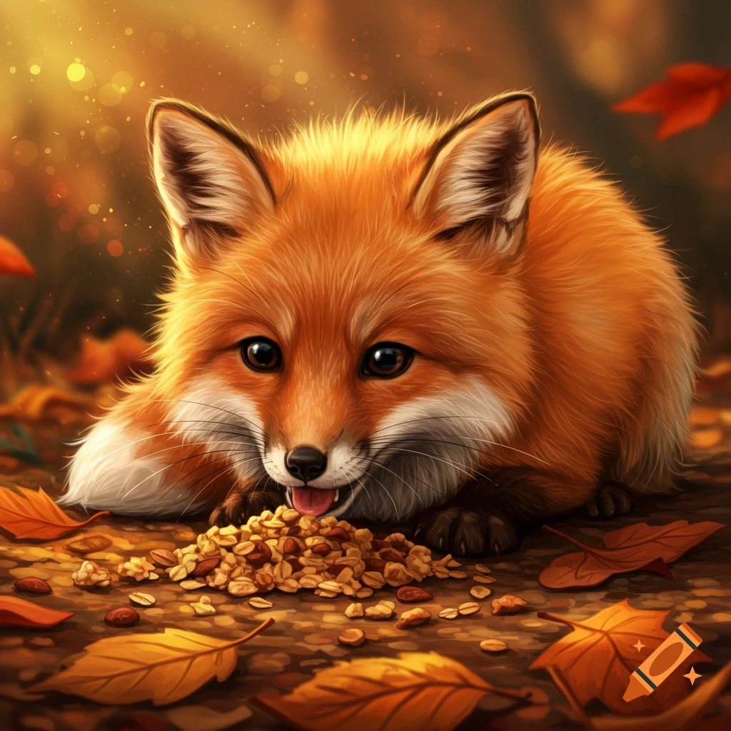 A cute, fluffy orange fox with big eyes lies on the ground, eating a pile of granola amidst autumn leaves in a vibrant forest.