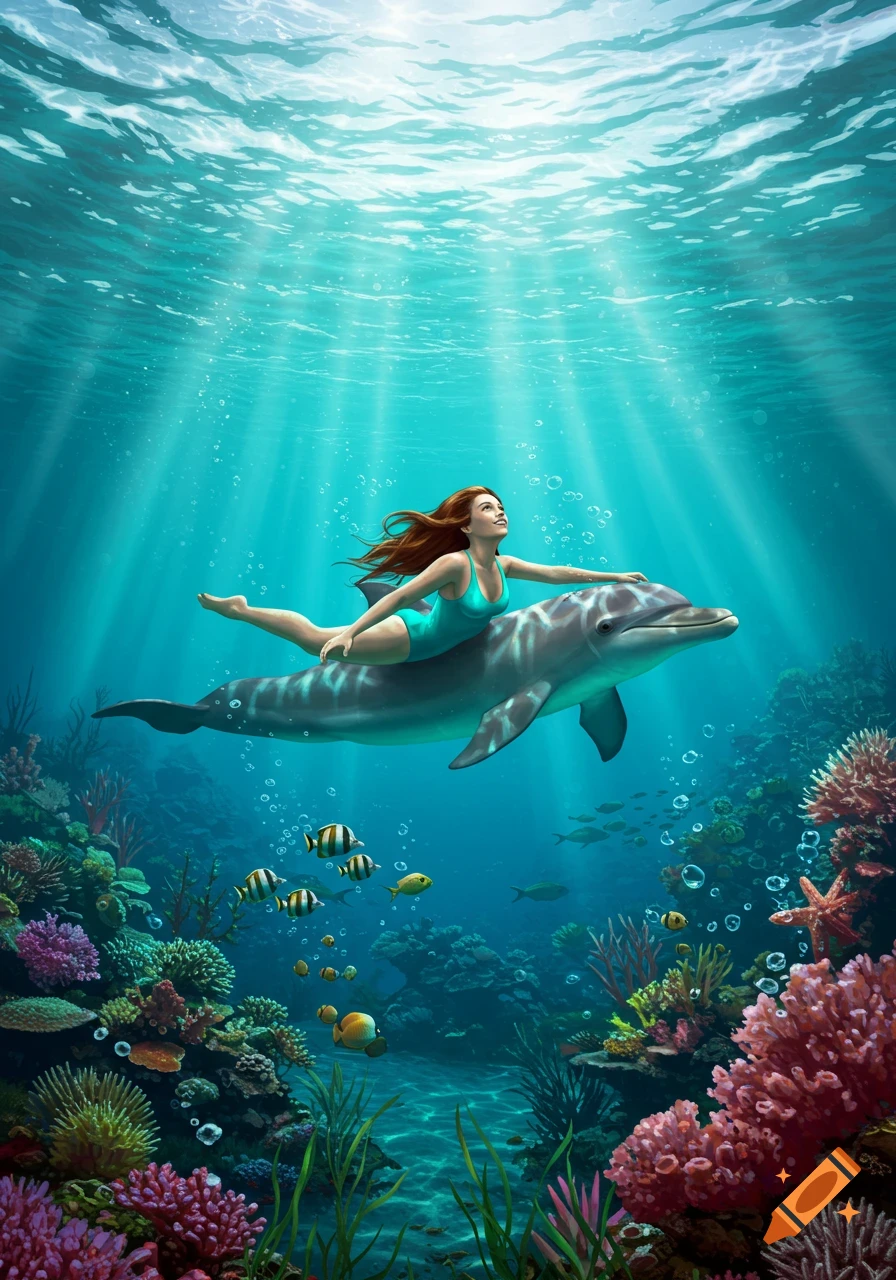 A woman with long red hair rides a dolphin through a vibrant underwater coral reef, bathed in sunlight.