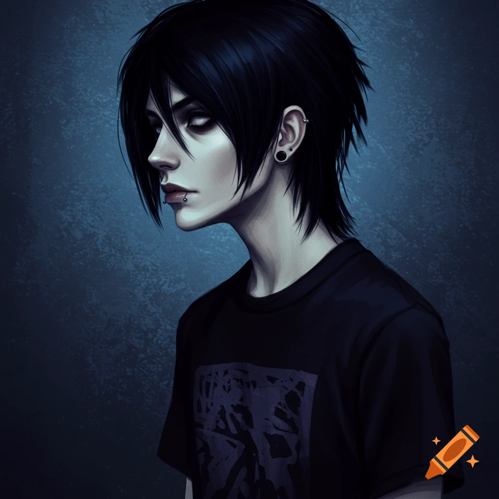 An illustrated portrait of a person with black emo hair, pale skin, dark eyes, and facial piercings, looking to the left.