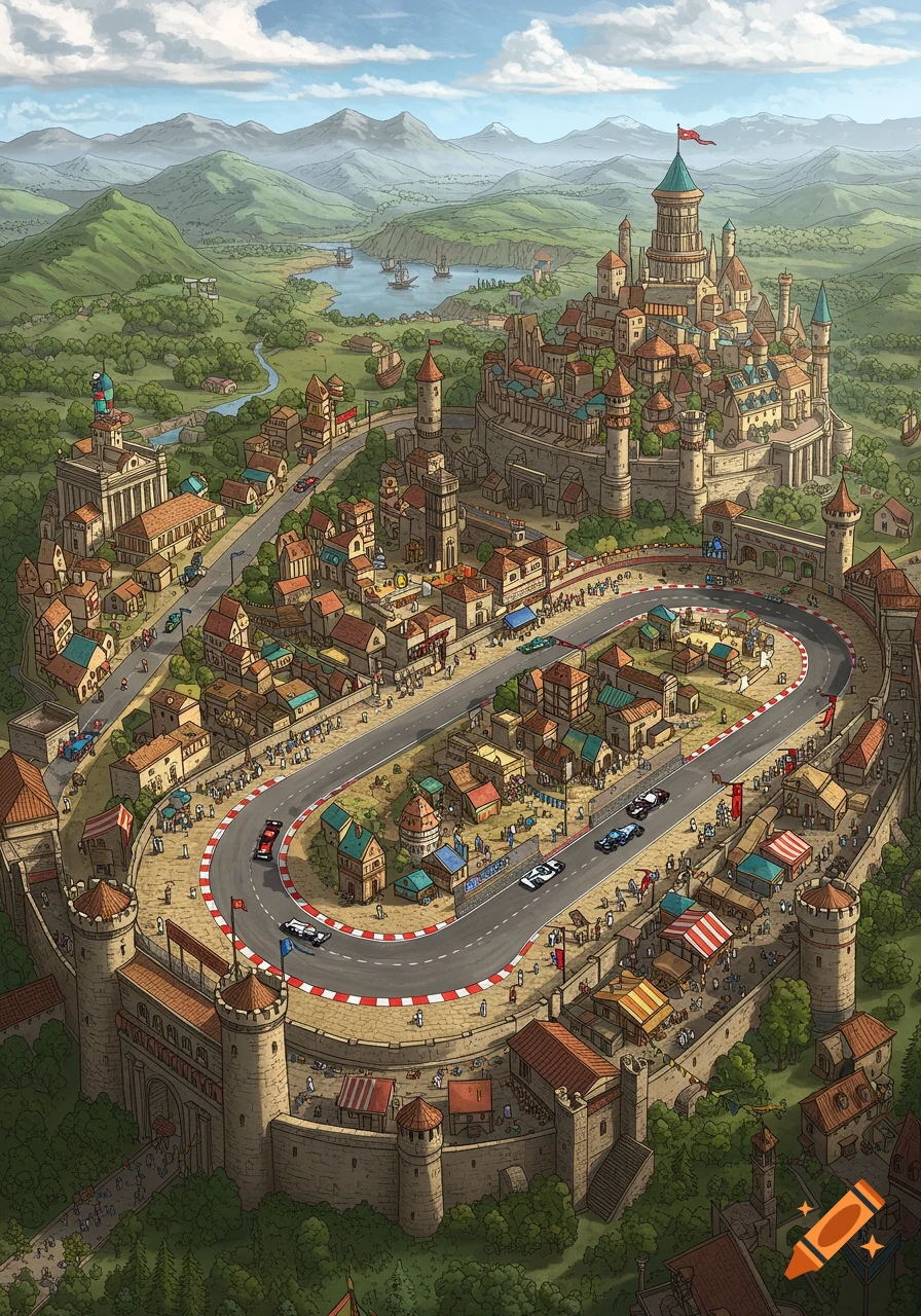 An isometric map illustration of a medieval fantasy city with an F1 race track winding through its walls and buildings, surrounded by green mountains and a lake with ships.