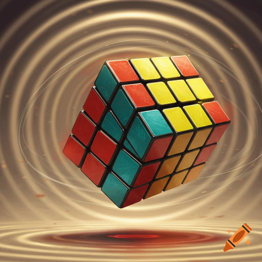 A colorful Rubik's Cube, featuring red, yellow, and teal squares, floats amidst swirling golden light.