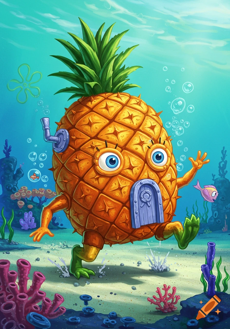 A cartoon illustration of a lively pineapple house, resembling SpongeBob's home, with arms and legs, running on the sandy ocean floor amidst colorful coral and fish.