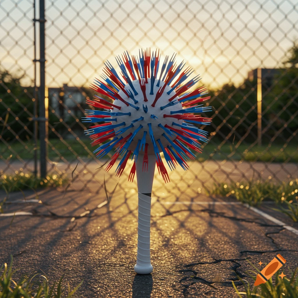 A white wiffle bat with a white ball head covered in red and blue plastic forks, standing on cracked asphalt by a fence at sunset.