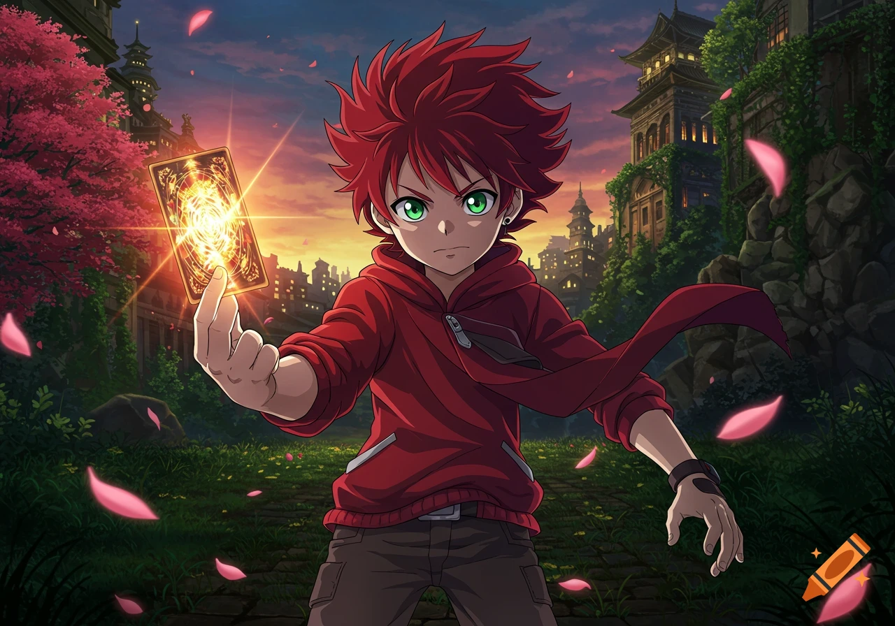 Anime boy with red hair and green eyes holding a glowing card in a magical landscape with pagodas at sunset.