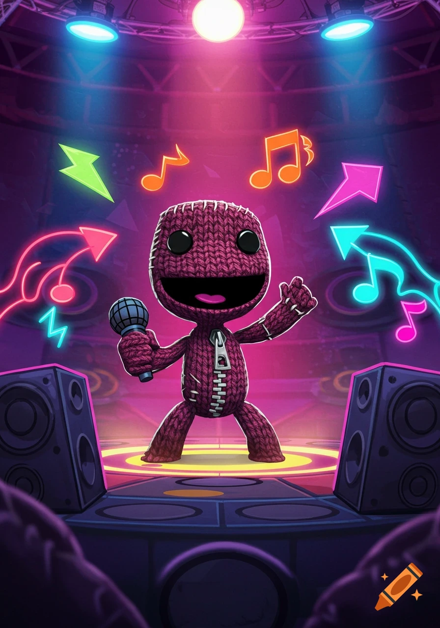 Sackboy holding a microphone on a stage with speakers and neon lights in a cartoon style.