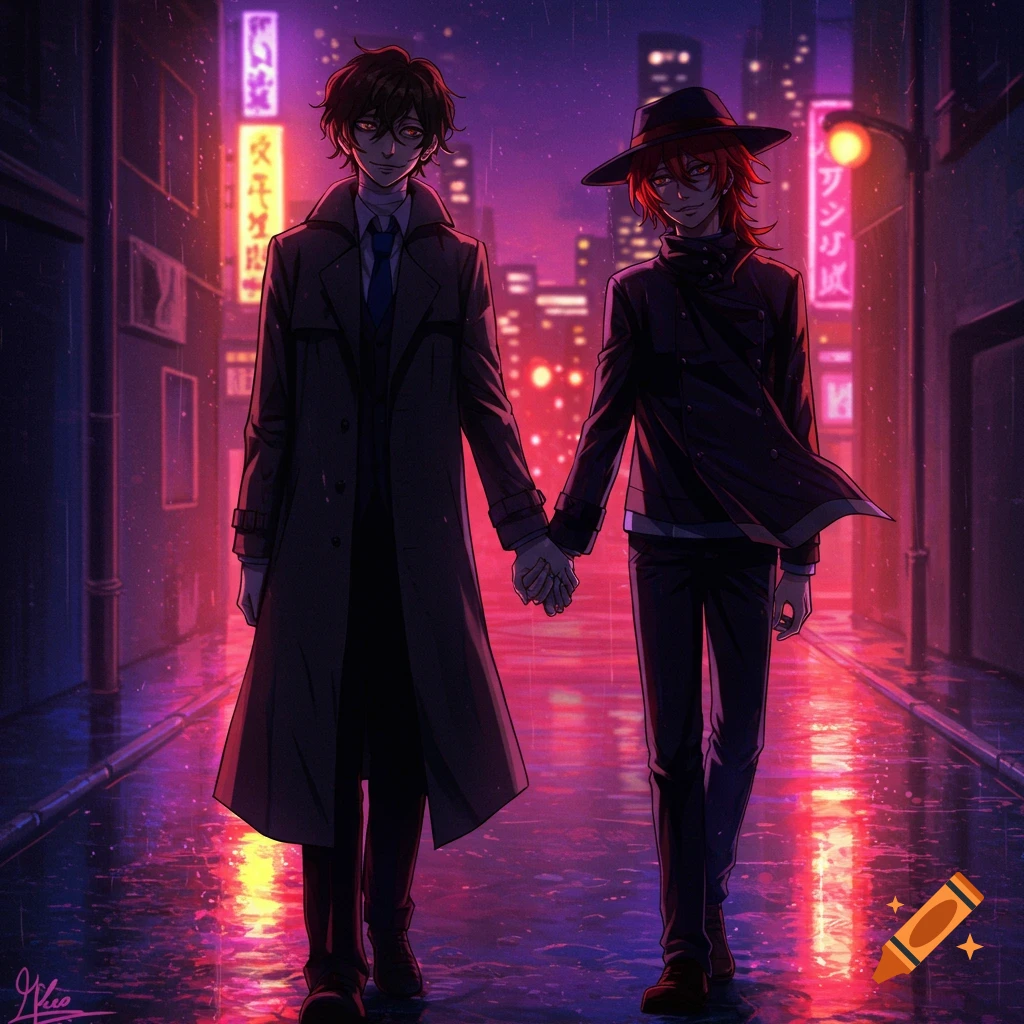 Anime-style image of two men, one in a trench coat and one in a hat, holding hands on a neon-lit, rainy city street at night.