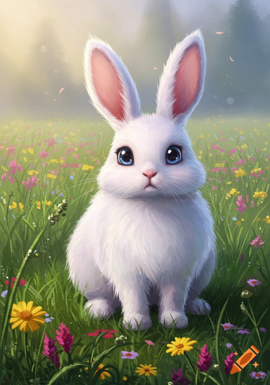 A cute white rabbit with big blue eyes sits in a vibrant green field filled with colorful wildflowers.