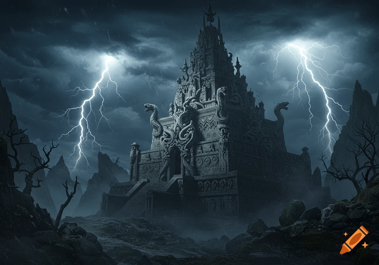 An imposing dark stone temple with snake carvings stands on a rocky hill under a stormy sky with bright lightning and barren trees.