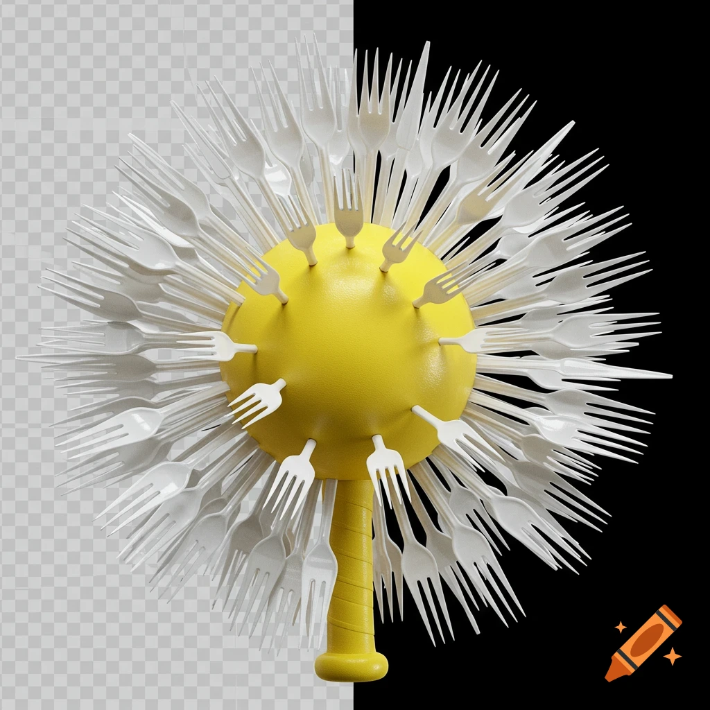 A yellow wiffle bat with white plastic forks protruding from its head and handle, on a split black and transparent background.