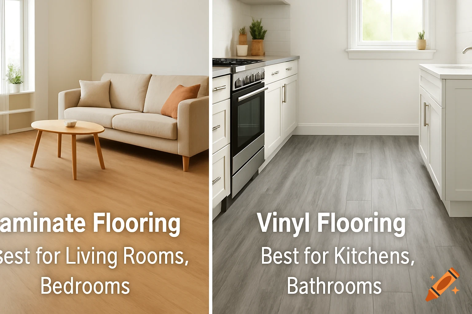 A split image showing a living room with light laminate flooring and a kitchen with grey vinyl flooring, with text labels describing each.