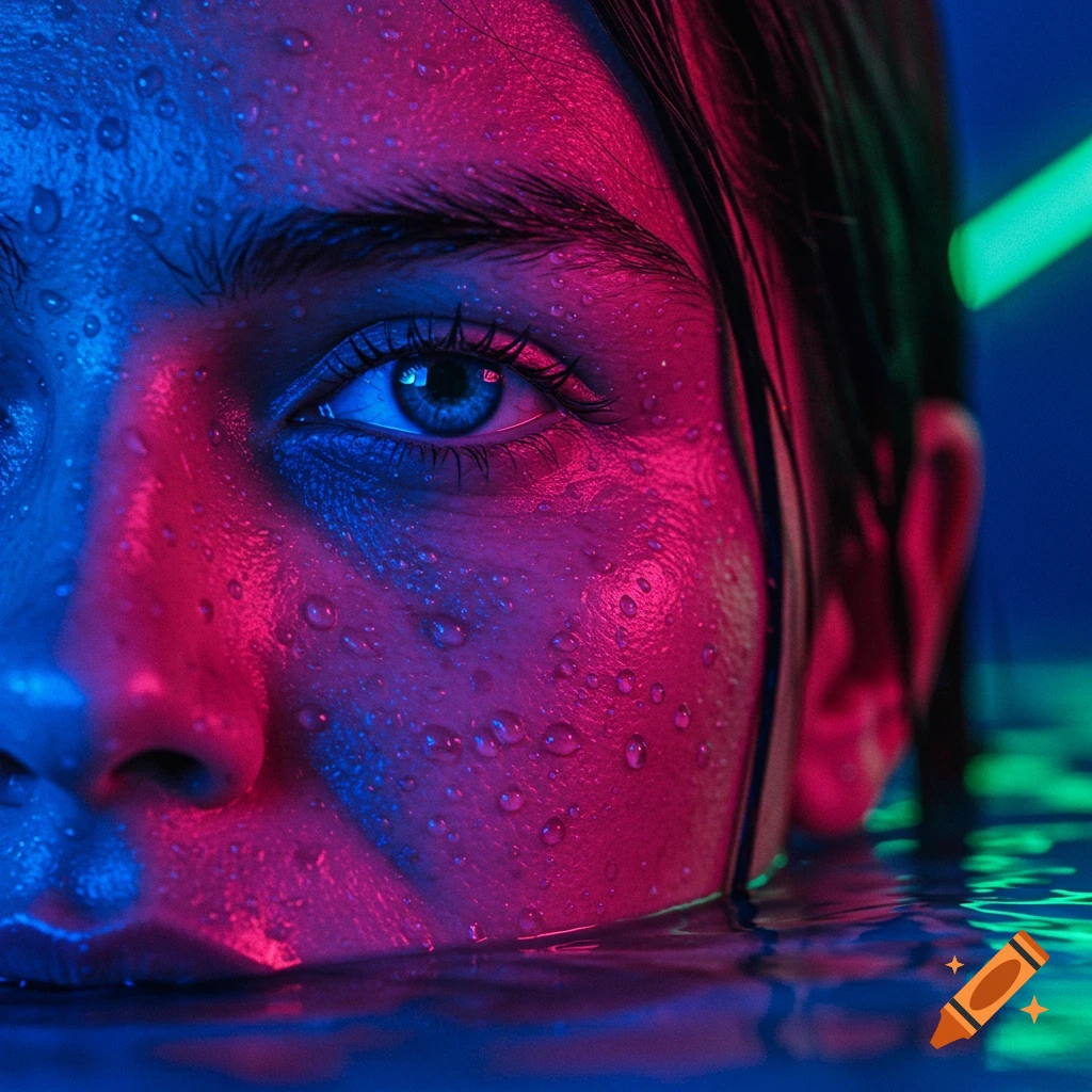 A hyperrealistic close-up portrait of a person's face partly submerged in water, illuminated by vibrant blue and pink neon lights, with water droplets on the skin.