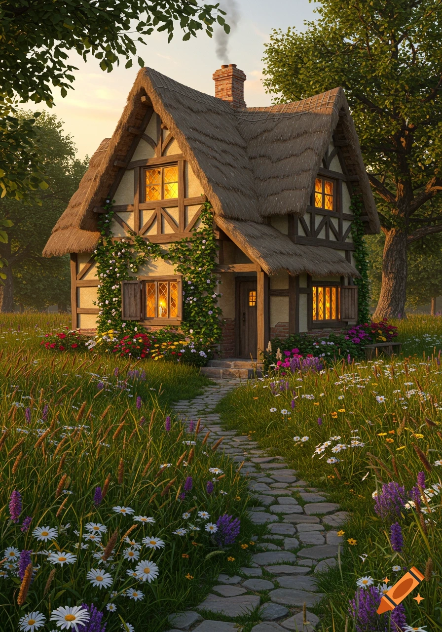A photorealistic idyllic cottagecore house with a thatched roof, glowing windows, and a stone path, surrounded by a field of colorful wildflowers at sunset.