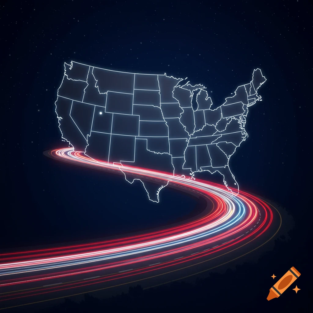 Illuminated outline of the United States map with red and white light trails circling beneath on a dark, starry background.