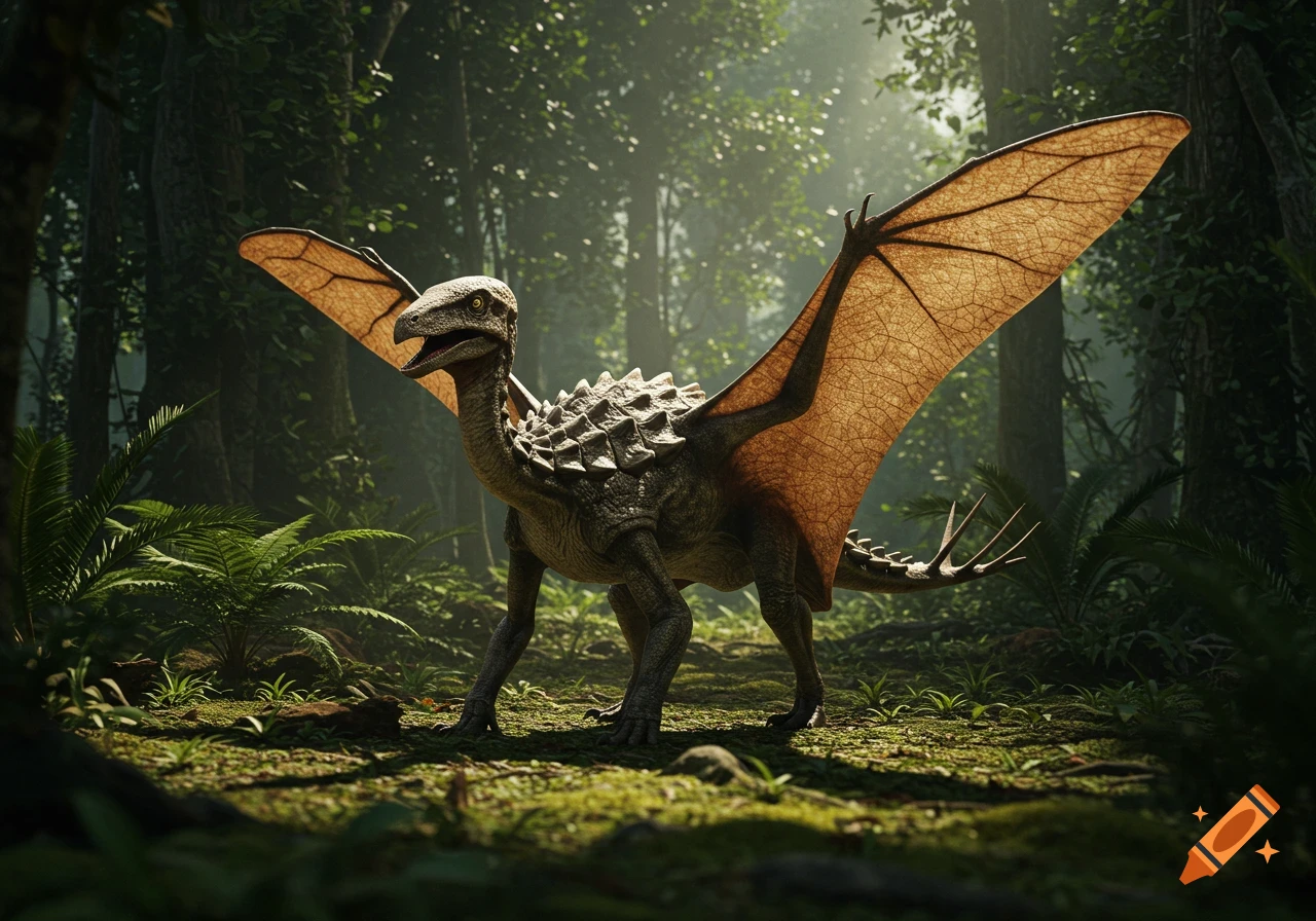 A photorealistic stegosaurus and dimorphodon hybrid stands in a lush, sun-dappled jungle with its wings spread.