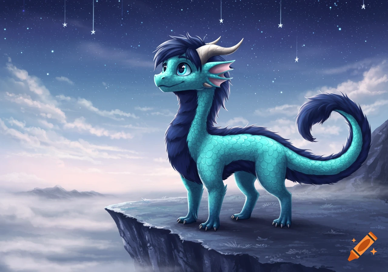 An aqua and dark blue cartoon dragon stands on a cliff overlooking clouds under a starry night sky.