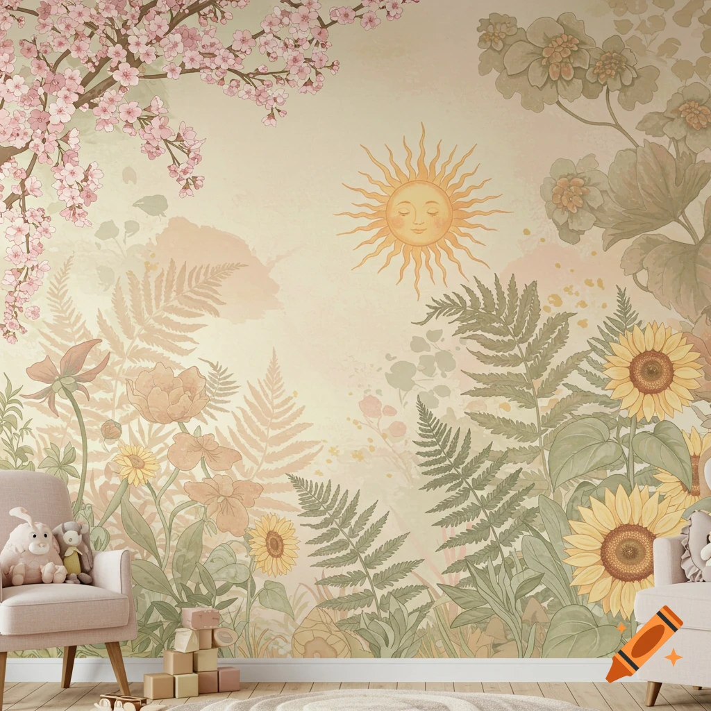 Pastel whimsical mural for a nursery with cherry blossoms, ferns, sunflowers, and a sun with a smiling face, next to a small chair.