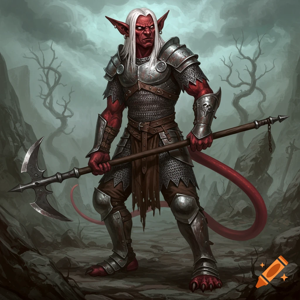 A red-skinned, white-haired fantasy creature in full plate and chainmail armor, holding a halberd, standing in a desolate, rocky landscape.