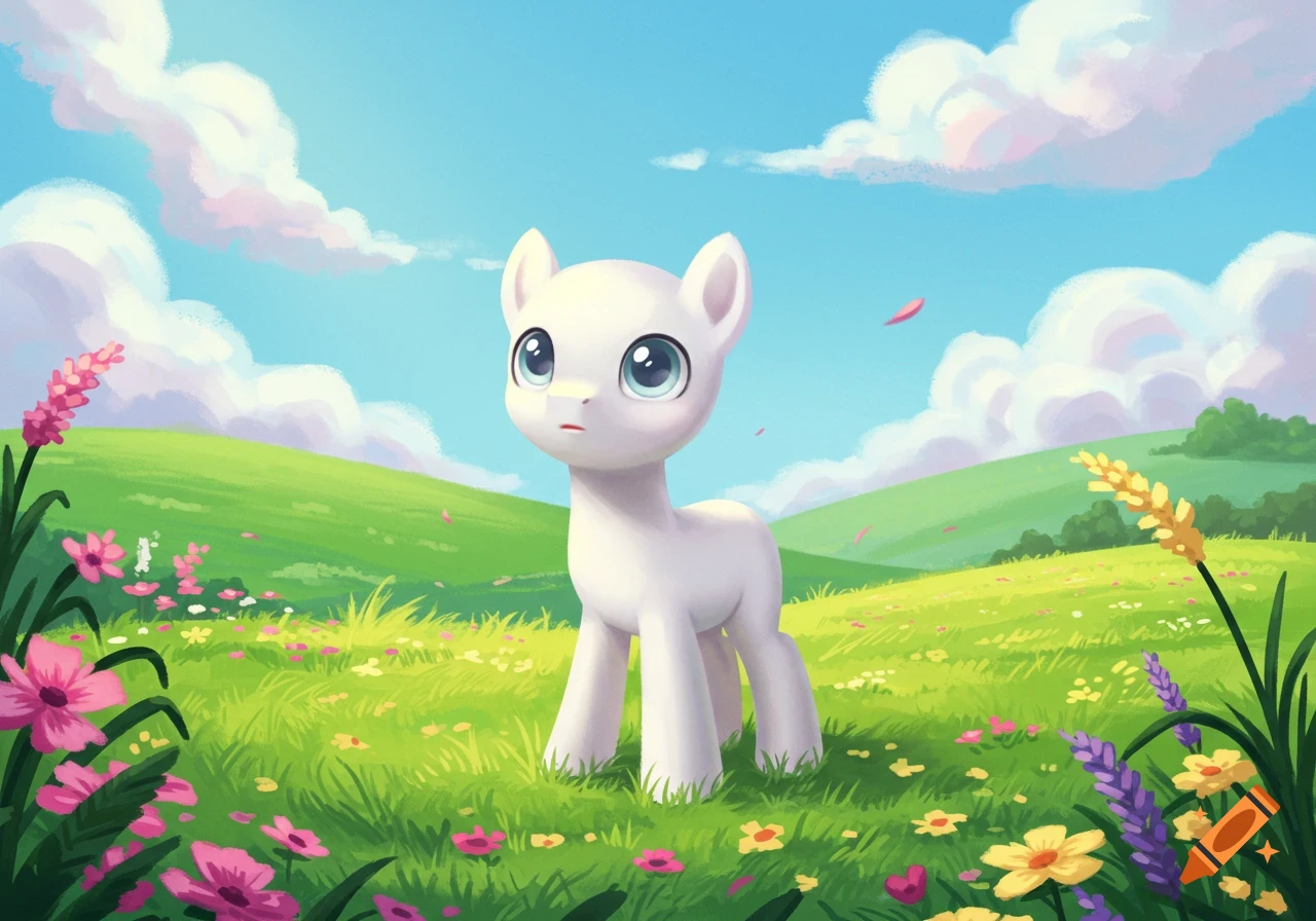 A white cartoon pony with large blue eyes stands in a vibrant green meadow filled with colorful wildflowers under a blue sky.