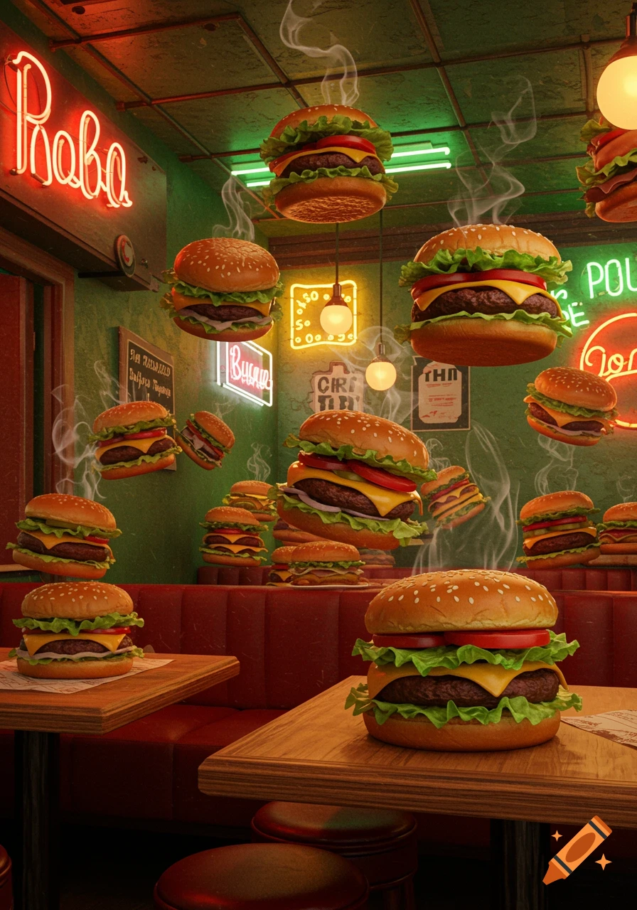 A diner scene with numerous cheeseburgers floating in the air and on tables, emitting steam, with neon signs in the background.