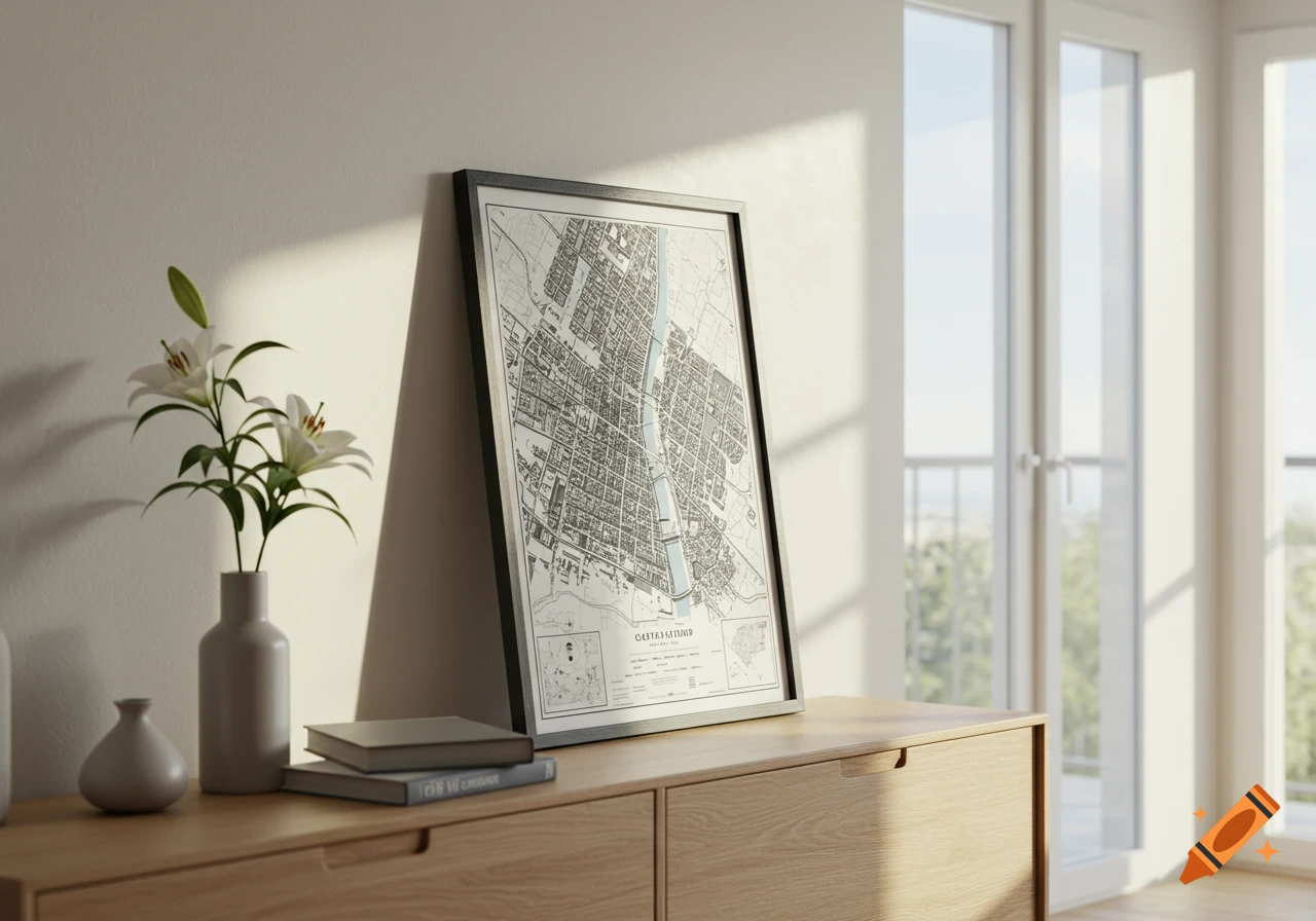 A photorealistic scene of an elegant Nordic living room with a framed city map on a wooden cabinet, next to white lilies in a vase, with cinematic lighting coming from a large window.