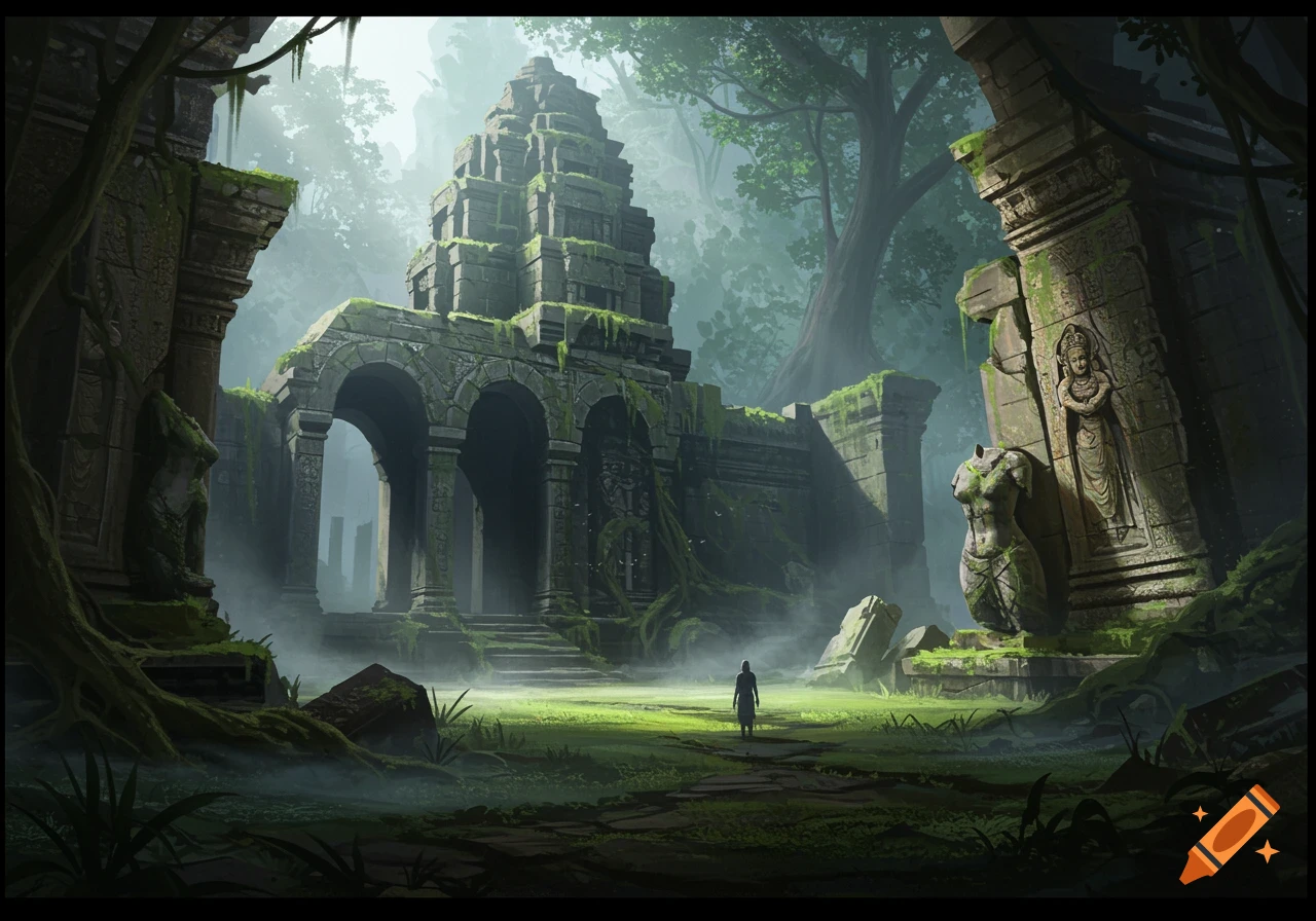 A lone figure walks through the misty, overgrown ruins of an ancient temple in a lush jungle, digital painting.