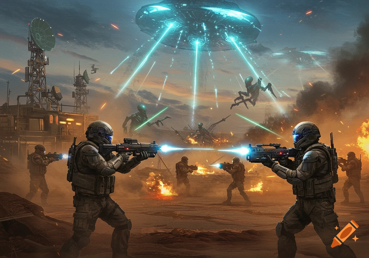Soldiers battle aliens and UFOs at a military base with glowing lasers and explosions.